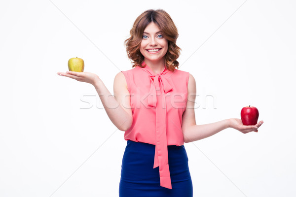 Foto stock: Sonriendo · casual · mujer · manzanas · palmas