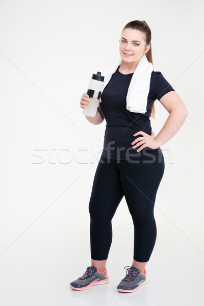 Kövér nő sportok visel tart shaker Stock fotó © deandrobot