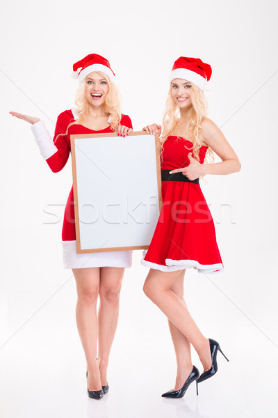 Two happy beautiful sisters twins pointing on blank board  Stock photo © deandrobot