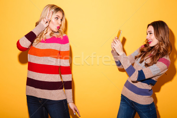 Cheery girl taking a photo of her girlfriend Stock photo © deandrobot
