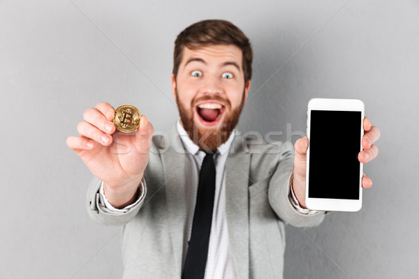 Stockfoto: Portret · gelukkig · zakenman · bitcoin · tonen