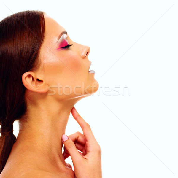 Oldalnézet portré gyönyörű nő csukott szemmel nő kéz Stock fotó © deandrobot