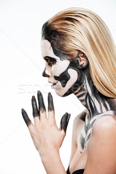 Profil Mädchen erschreckend Halloween Make-up weiß Stock foto © deandrobot