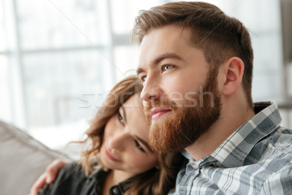 Foto stock: Alegre · amoroso · casal · sessão · sofá