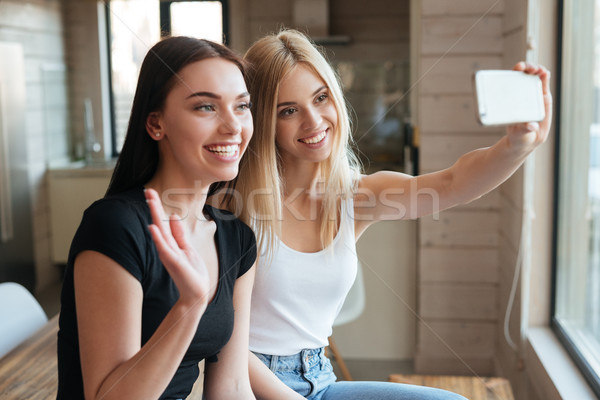 Two cheerful women indoors using mobile phone and waving Stock photo © deandrobot