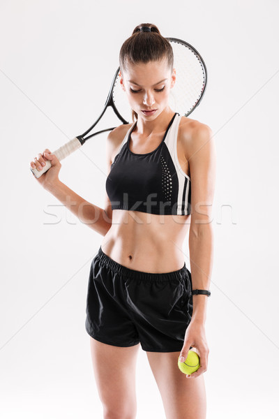 Foto stock: Retrato · encajar · mujer · raqueta · de · tenis