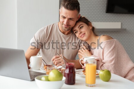 Stockfoto: Portret · jonge · liefhebbend · paar · ontbijt · vergadering