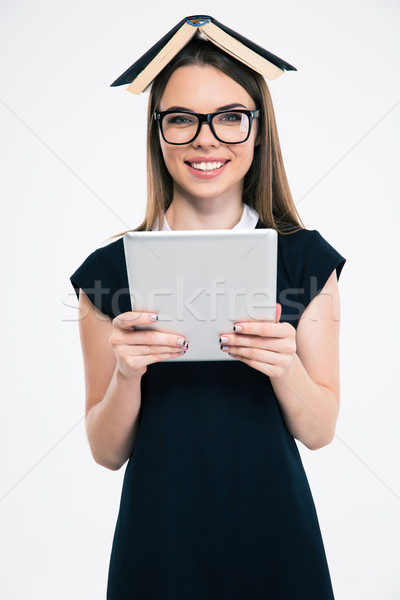 Lächelnde Frau Buch Kopf Tablet-Computer Porträt schauen Stock foto © deandrobot