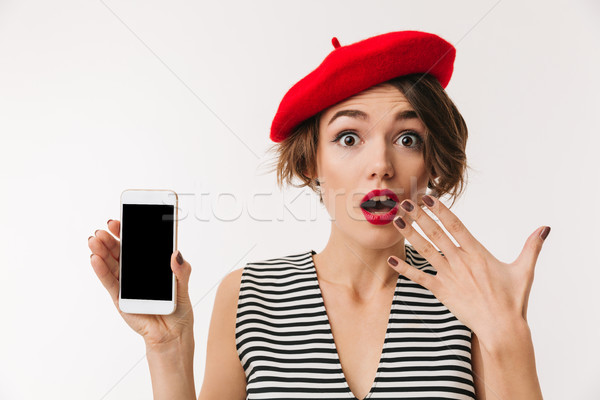 Portret zdziwiony kobieta czerwony beret Zdjęcia stock © deandrobot