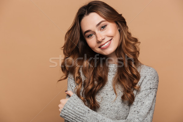 Foto stock: Retrato · alegre · morena · mulher · cinza