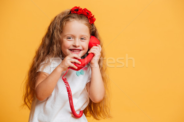 Cheerful pretty girl talking by telephone. Stock photo © deandrobot
