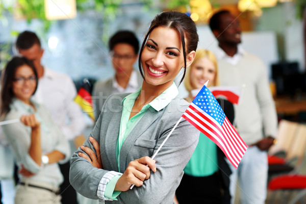 Foto stock: Alegre · empresária · bandeira · EUA · colegas