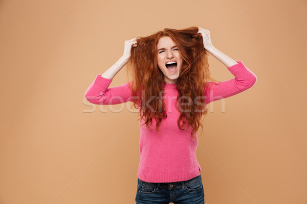 Close up portrait of a mad furious young redhead girl Stock photo © deandrobot