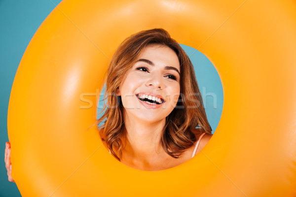 Retrato niña feliz traje de baño mirando inflable Foto stock © deandrobot