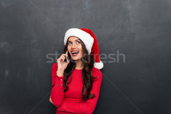 Stock photo: Cheerful brunette woman in red blouse and christmas hat