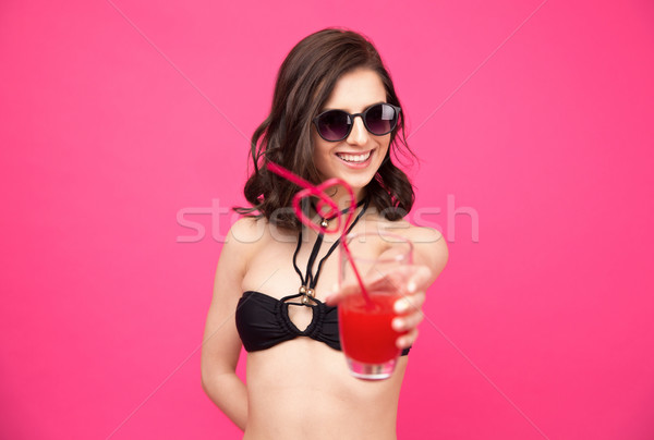 Boldog nő bikini dzsúz kamera szürke Stock fotó © deandrobot