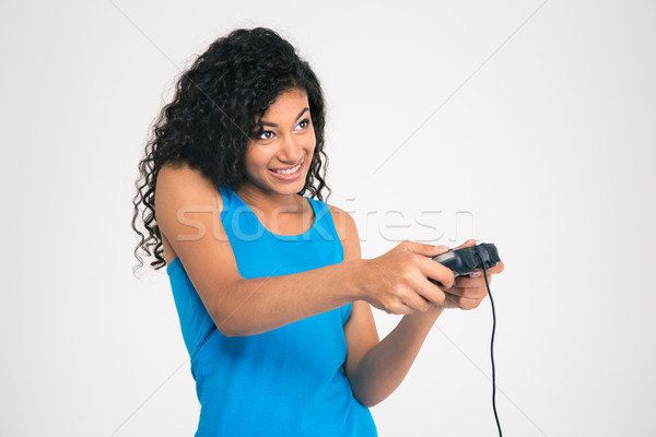 Foto stock: Feliz · africano · americano · mulher · jogar · jogo · vídeo