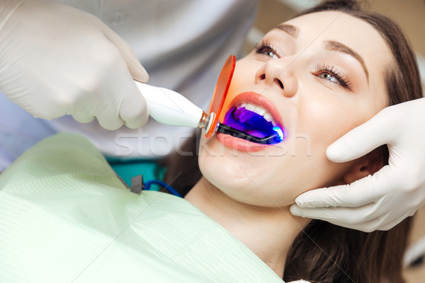 Close-up portrait of a female patient visiting dentist Stock photo © deandrobot