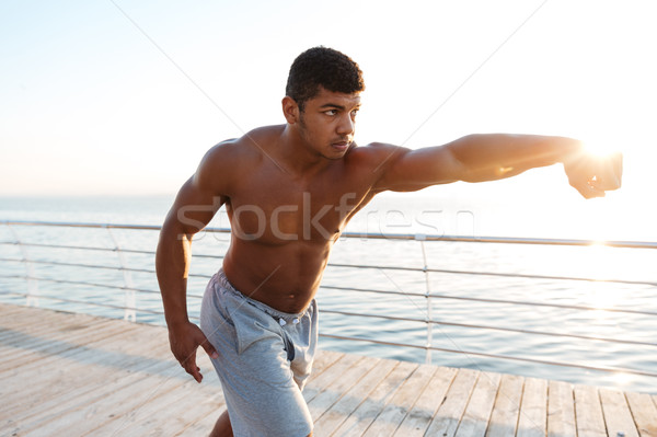 Young afro american sportsman doing boxing exercises at the pier Stock photo © deandrobot