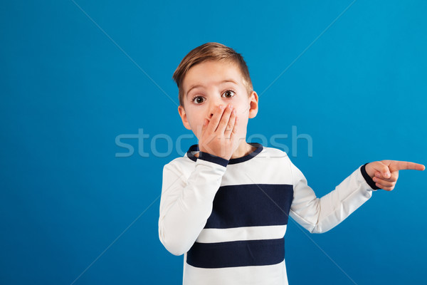Surprised young boy in sweater pointing away and covering mouth Stock photo © deandrobot