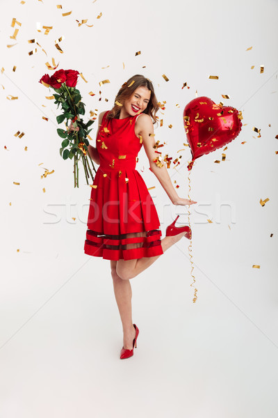 [[stock_photo]]: Portrait · heureux · jeune · femme · robe · rouge