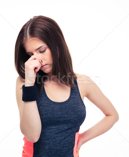 Femeie de fitness nas mână izolat alb fată Imagine de stoc © deandrobot