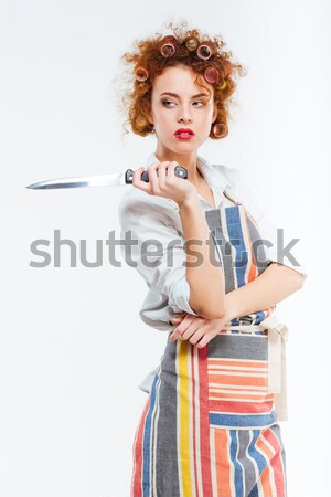 Housewife in apron holding soup ladle Stock photo © deandrobot