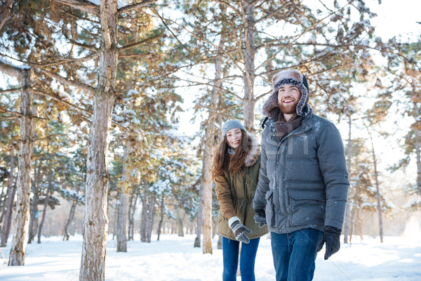 Beautiful happy couple in winter clothes walking outdoors Stock photo © deandrobot
