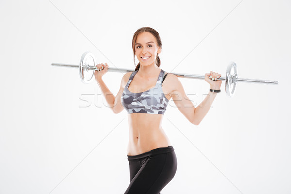 Stockfoto: Gelukkig · fitness · meisje · barbell · naar · camera