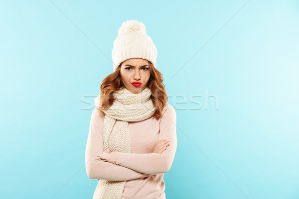 несчастный недовольный Lady синий Hat шарф Сток-фото © deandrobot