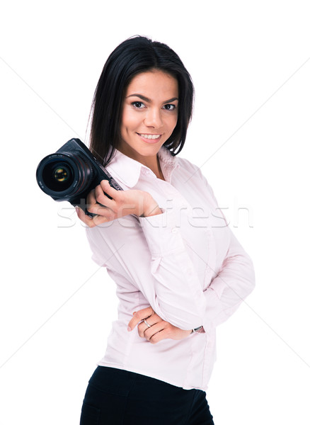 Uśmiechnięta kobieta fotograf kamery odizolowany biały Zdjęcia stock © deandrobot