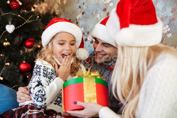 Happy exited girl in Santa's hat looking at Chrismas gift, while Stock photo © deandrobot