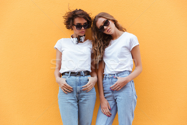 Foto stock: Dos · atractivo · jóvenes · gafas · de · sol · posando