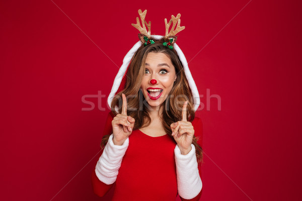Stock foto: Porträt · freudige · Mädchen · glücklich · tragen · Weihnachten · Hirsch
