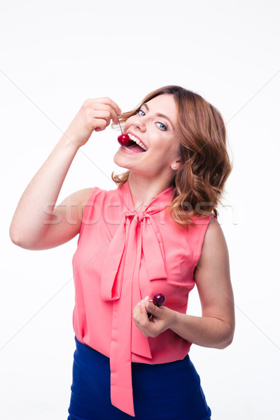 Foto stock: Feliz · mulher · jovem · alimentação · cereja · isolado · branco