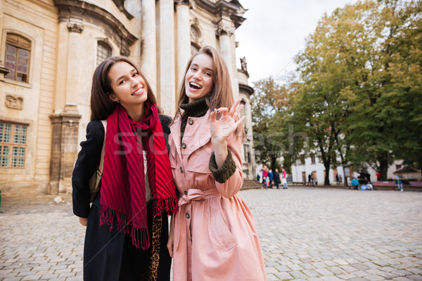 Beauty girls in coats on the street Stock photo © deandrobot