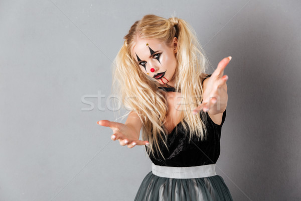 Stockfoto: Jonge · blonde · vrouw · halloween · make-up · handen · naar