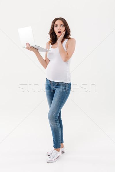 Foto stock: Mulher · grávida · usando · laptop · computador · imagem · isolado