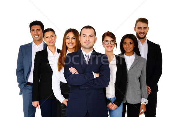Happy man leading his happy team over white background Stock photo © deandrobot