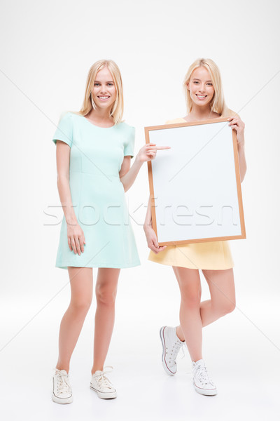 Two girlfriends holding white blank desk and pointing on it Stock photo © deandrobot