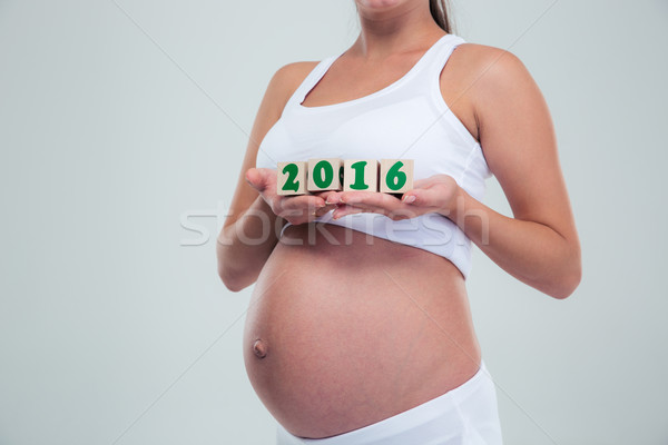 Foto stock: Mujer · embarazada · número · ladrillos · primer · plano · retrato