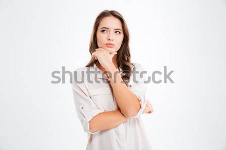 Csinos fiatal vörös hajú nő nő gondolkodik álmodik Stock fotó © deandrobot
