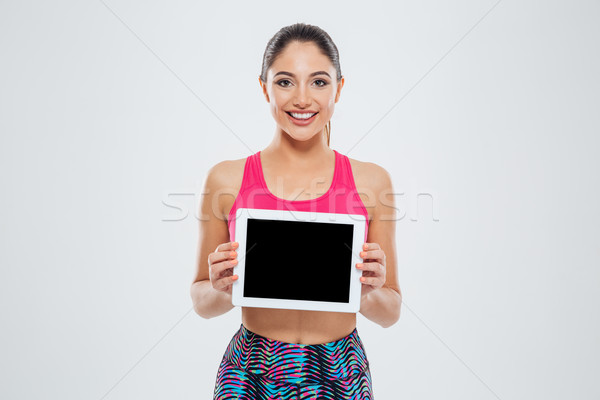 [[stock_photo]]: Souriant · sport · femme · écran