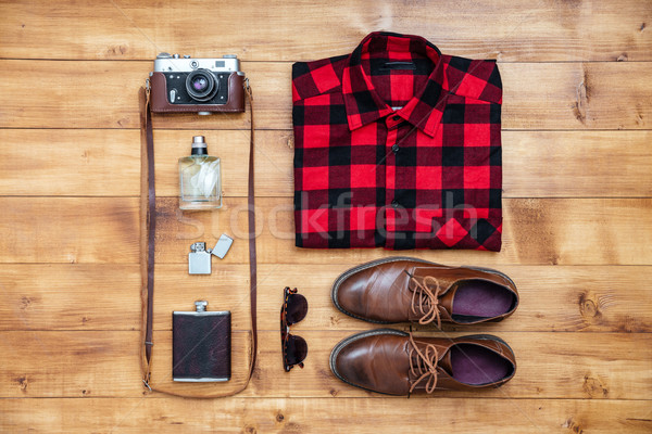Travel concept shirt, camera, shoes, flask, lighter,eyeglasses,  Stock photo © deandrobot
