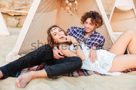 Foto stock: Casal · praia · belo · família