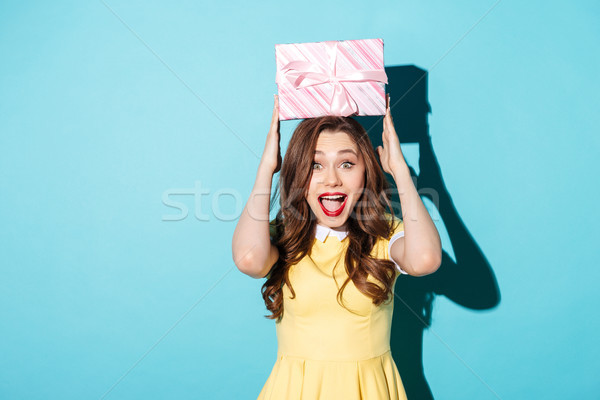 Portrait of an excited girl in dress holding present box Stock photo © deandrobot