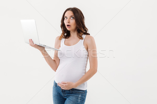 Foto stock: Sério · pensando · mulher · grávida · usando · laptop · imagem · isolado