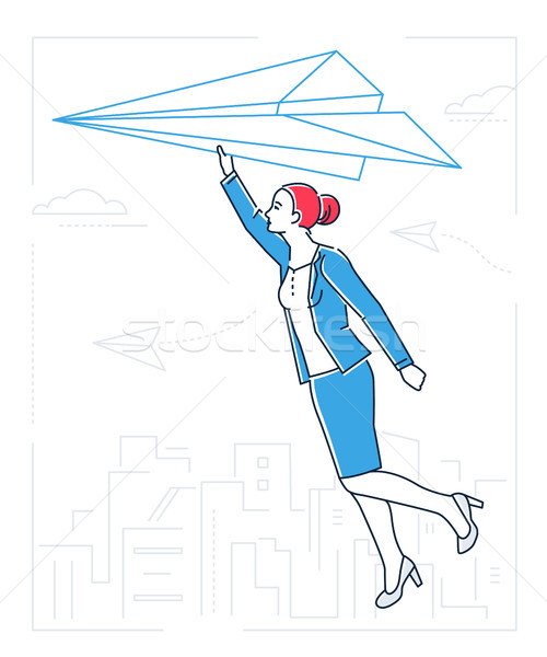 Businesswoman flying on a paper plane - line design style illustration Stock photo © Decorwithme