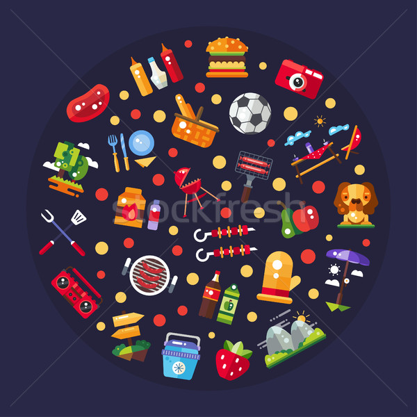 Illustration of flat design barbecue and summer picnic icons and Stock photo © Decorwithme