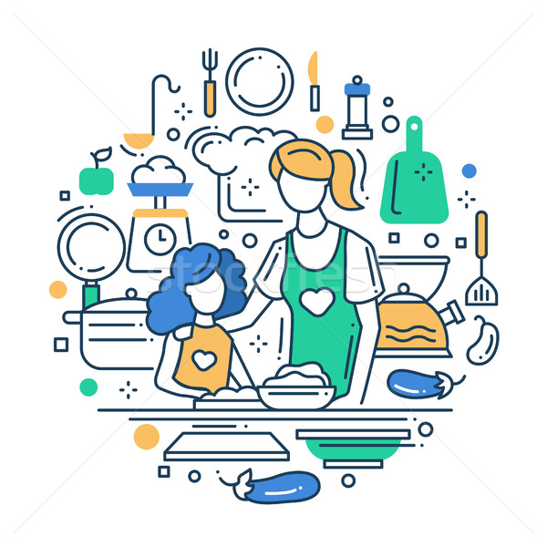Mother and daughter at the kitchen - line design composition Stock photo © Decorwithme